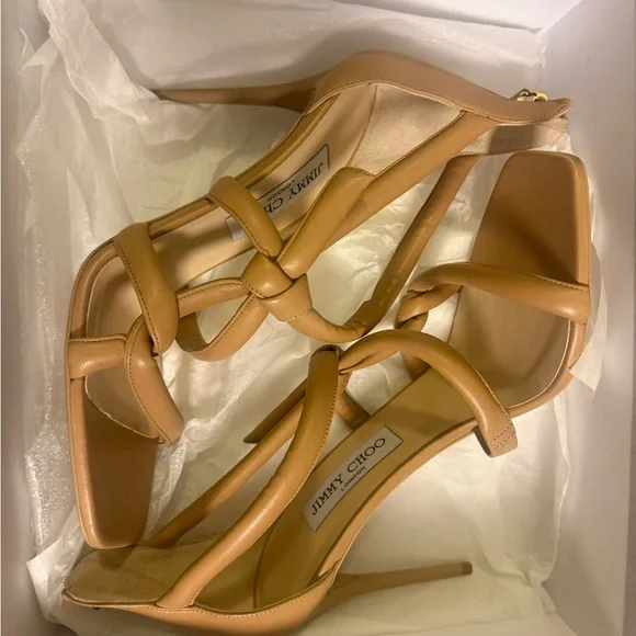Jimmy Choo Tan Knotted Strap Stiletto Sandals - Picture 1 of 5